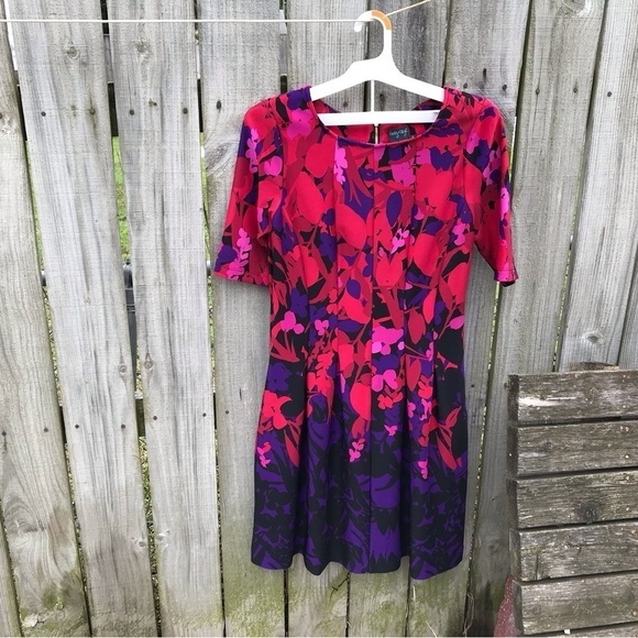 Gabby Skye Purple and Pink Floral 3/4 Sleeve Fit and Flare Dress - Picture 1 of 9